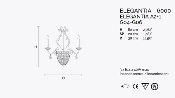 Lampa Ścienna MASIERO Elegantia 6005 A2+1 Kryształki Murano