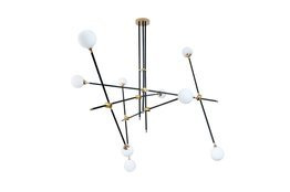 Lampa czarno-złota z białymi kulistymi kloszami wisząca w stylu loft Dann Lux Stiks 9 BL0232