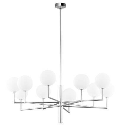 FEME duży nowoczesny żyrandol niklowany 10-punktowy biały klosz 1936