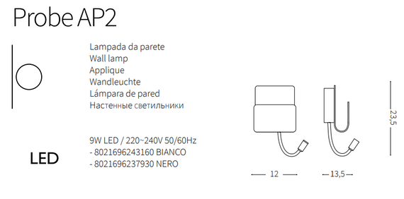 Kinkiet z wężykiem LED do sypialni Ideal Lux Probe AP2 Bianco