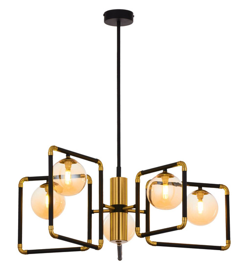 Ibra Jupiter nowoczesny żyrandol 5-punktowy mosiądzowany klosz bursztynowy 1984