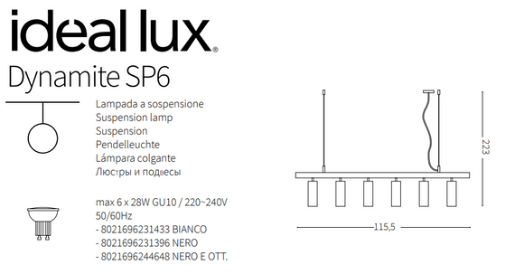 Minimalistyczna lampa wisząca Ideal Lux Dynamite SP6 czarna