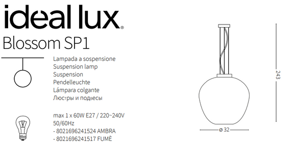 Lampa wisząca szklany klosz dymny Ideal Lux Blossom SP1 Fume