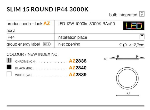 Oprawa Wpuszczana Ledowa Azzardo Slim 15 Round AZ2839 Biała 3000K