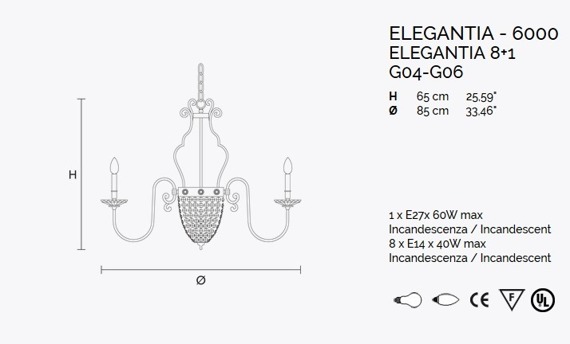 Lampa Wisząca MASIERO Elegantia 6000 S8+1 Kryształki Murano
