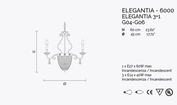 Lampa Wisząca MASIERO Elegantia 6005 S3+1 Kryształki Asfour
