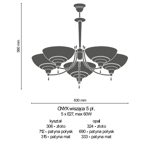 Lampa wisząca Amplex Onyx 5 pł. opal/patyna mat 8775