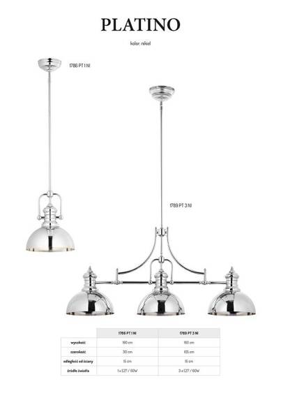 Lampa wisząca Loftowa Jupiter Platino PT 3 1789 Nikiel