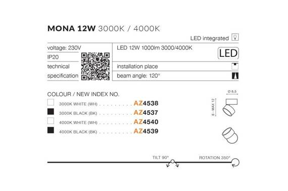 Spot Azzardo Mona AZ4539 Czarny 12W 4000K